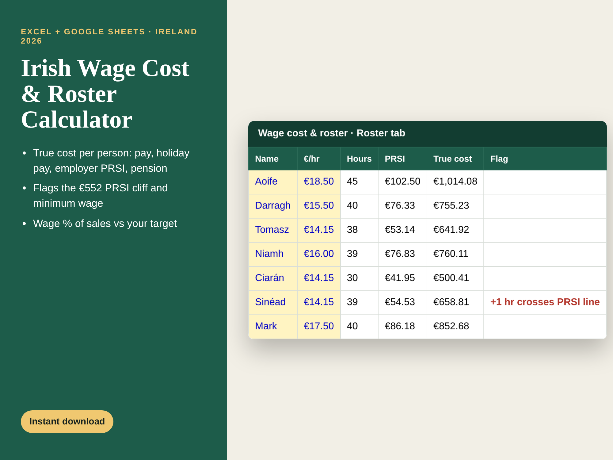 Preview of the Irish Wage Cost & Roster Calculator