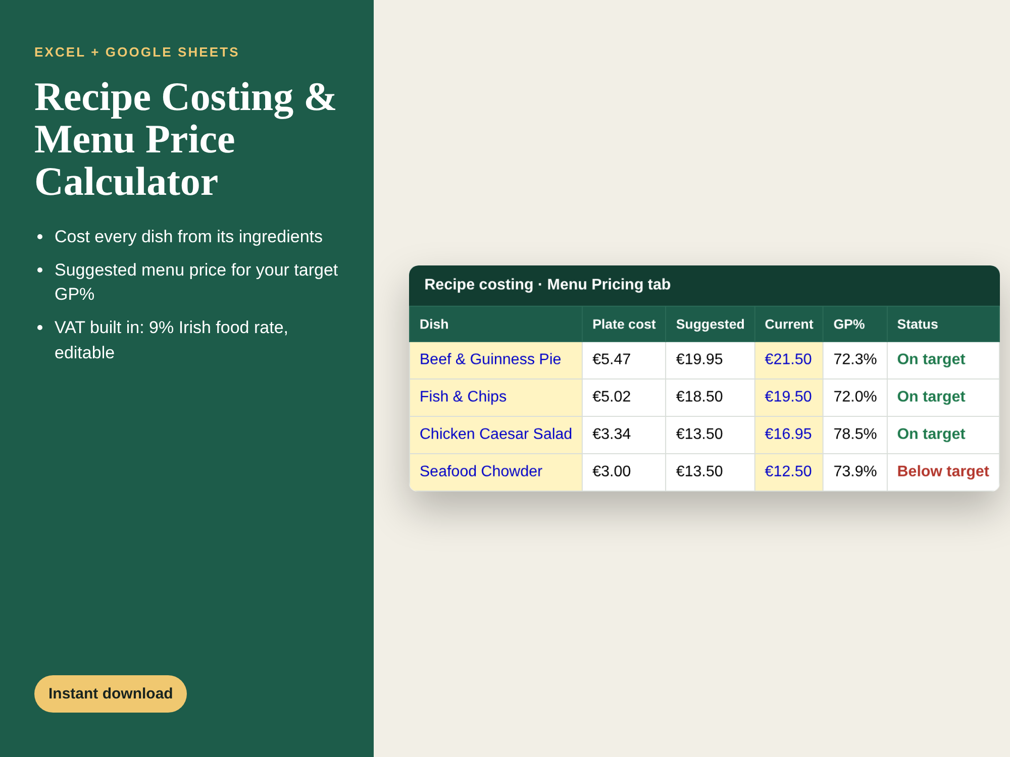 Preview of the Recipe Costing & Menu Price Calculator