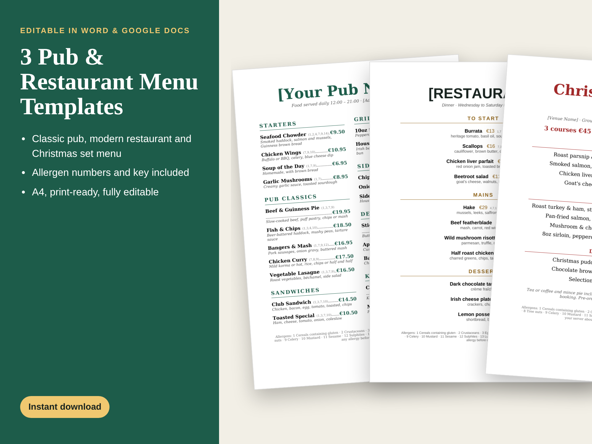 Preview of the Editable Menu Templates